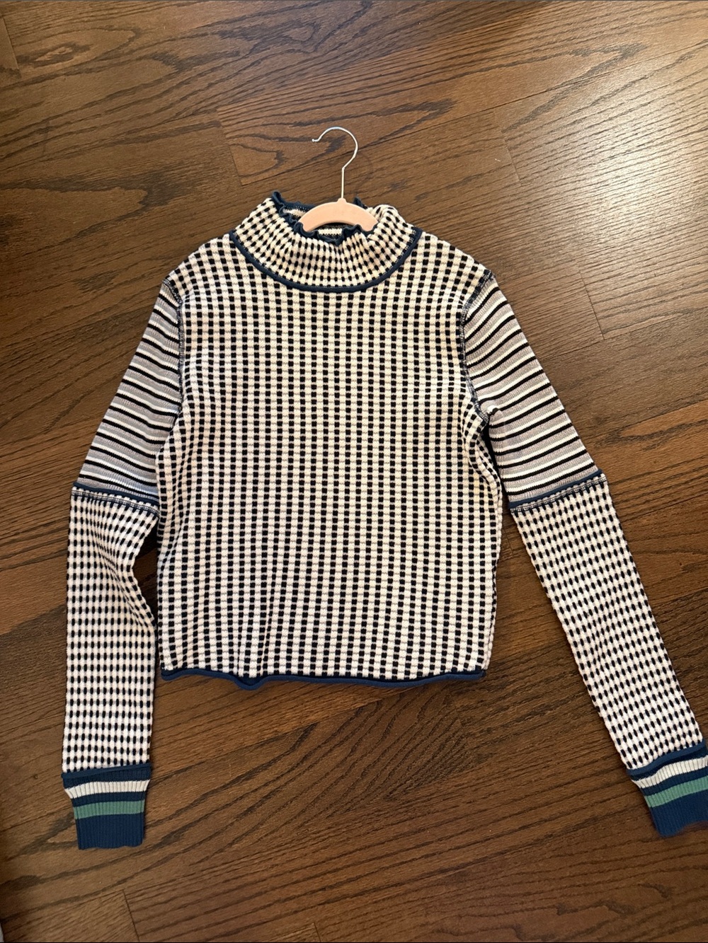 Free People Navy and White Mixed-Stripe Mock Neck Sweater